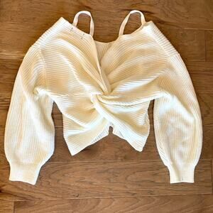 zaful white knotted twist off shoulder cropped sweater